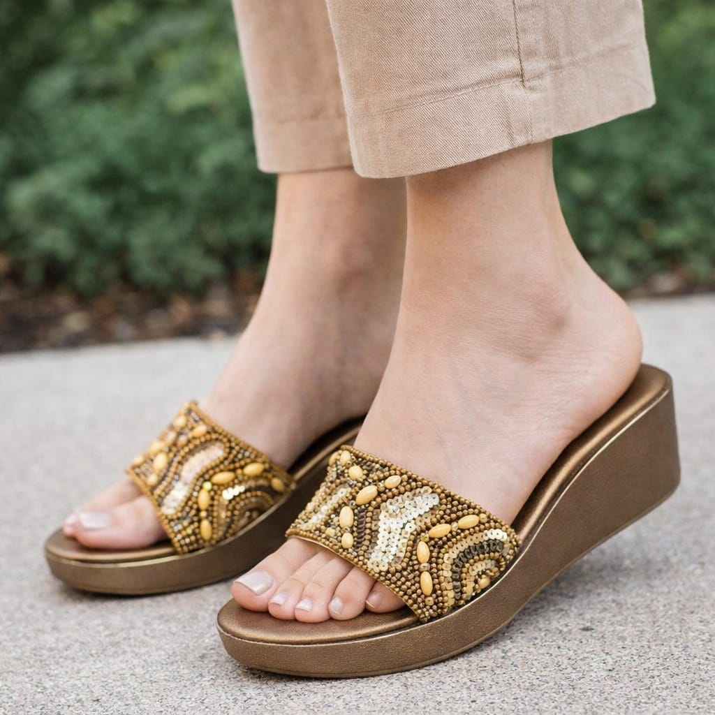 Beige Beaded Wedge Sandals